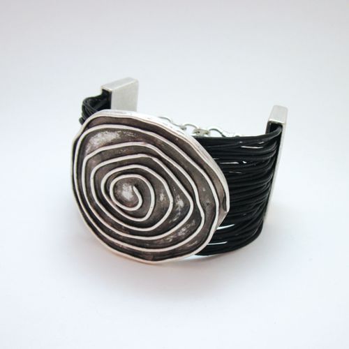 Seraglio Black Leather Zinc Bracelet - Grooved Spiral